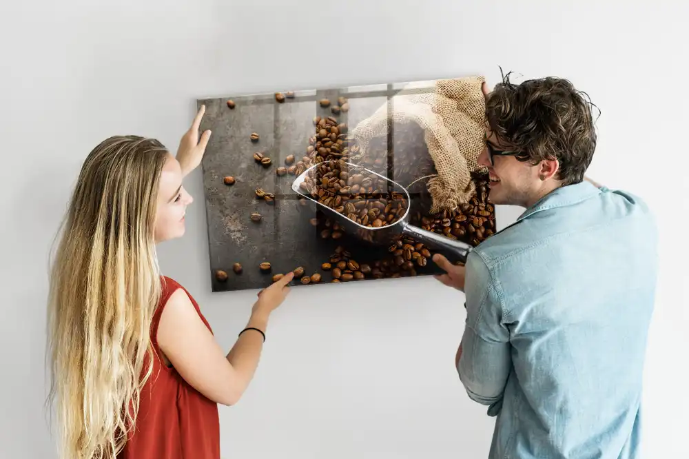 Tablă magnetică din sticlă cu design sac de iută cu cafea