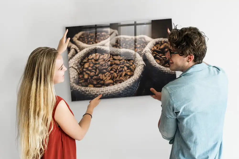 Tablă magnetică din sticlă cu model saci de iută cu cafea