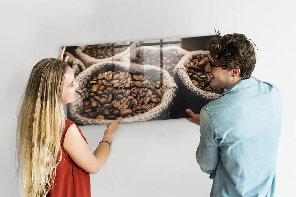 Tablă magnetică din sticlă cu model saci de iută cu cafea