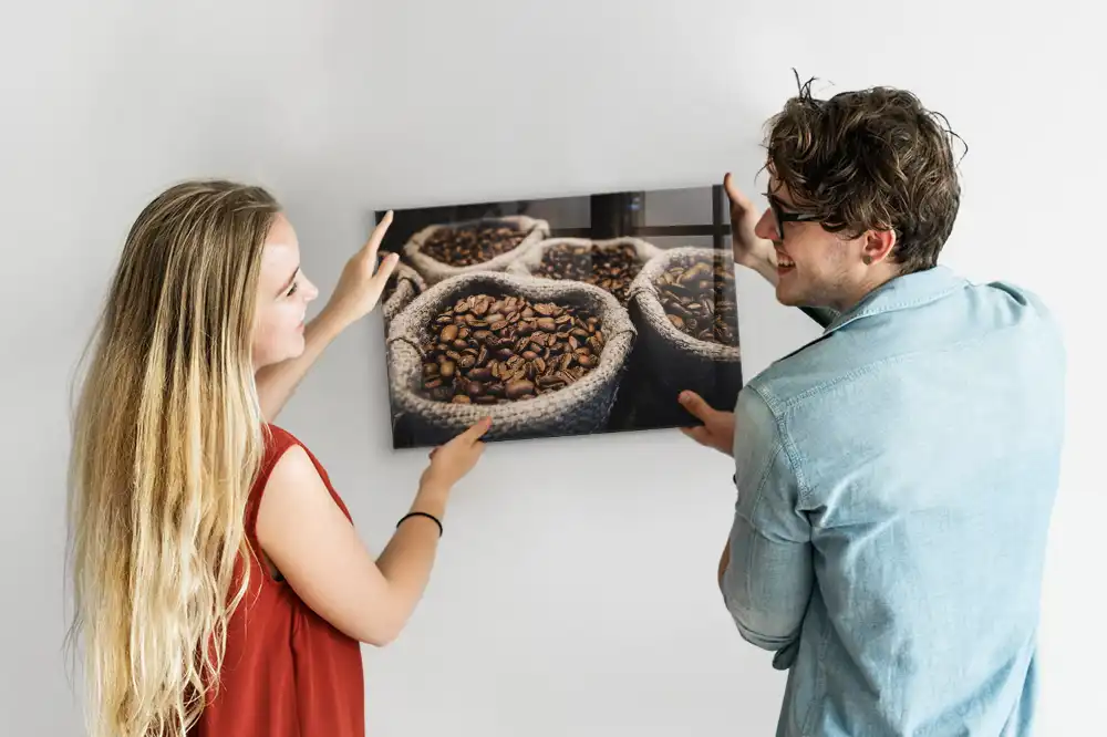 Tablă magnetică din sticlă cu model saci de iută cu cafea