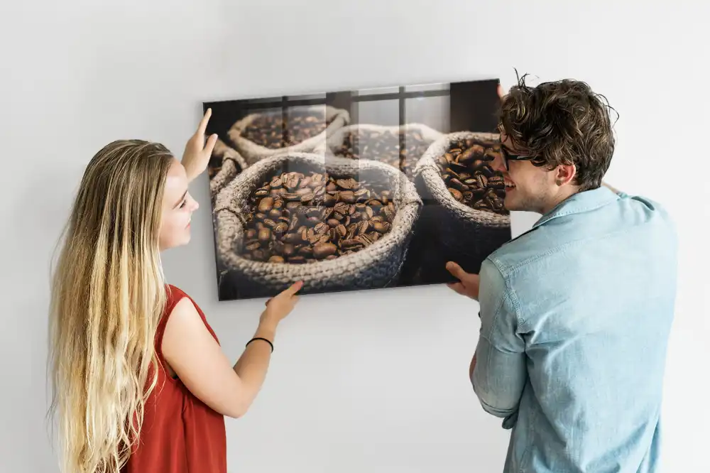 Tablă magnetică din sticlă cu model saci de iută cu cafea