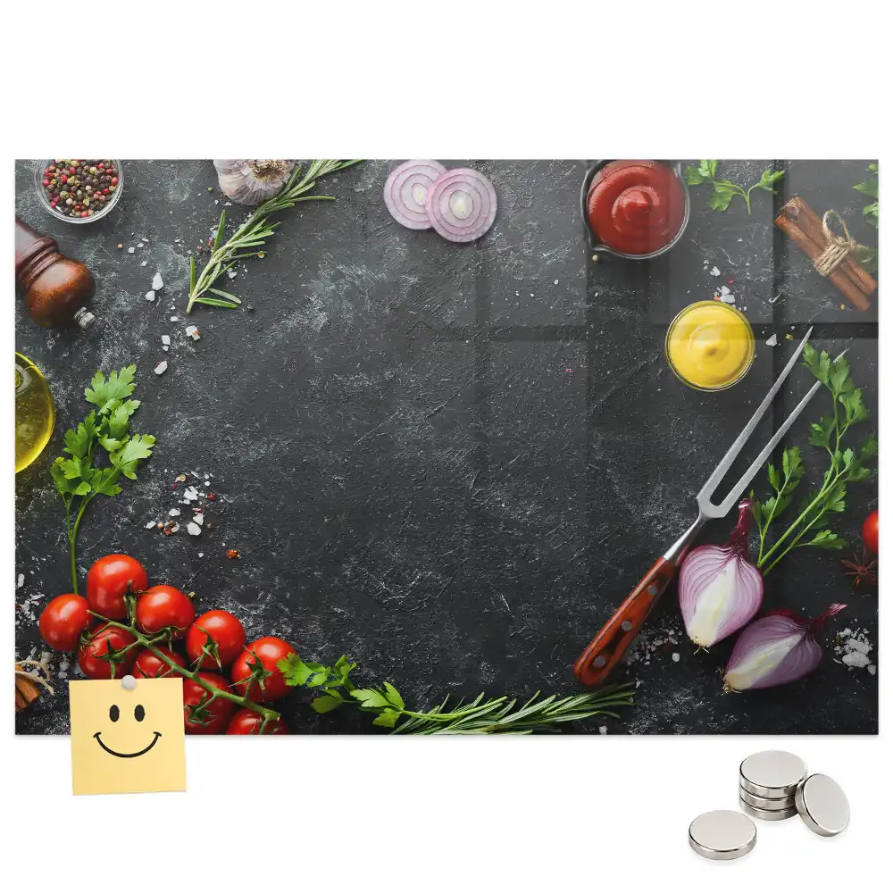 Tablă magnetică din sticlă cu design legume pe blatul de bucătărie