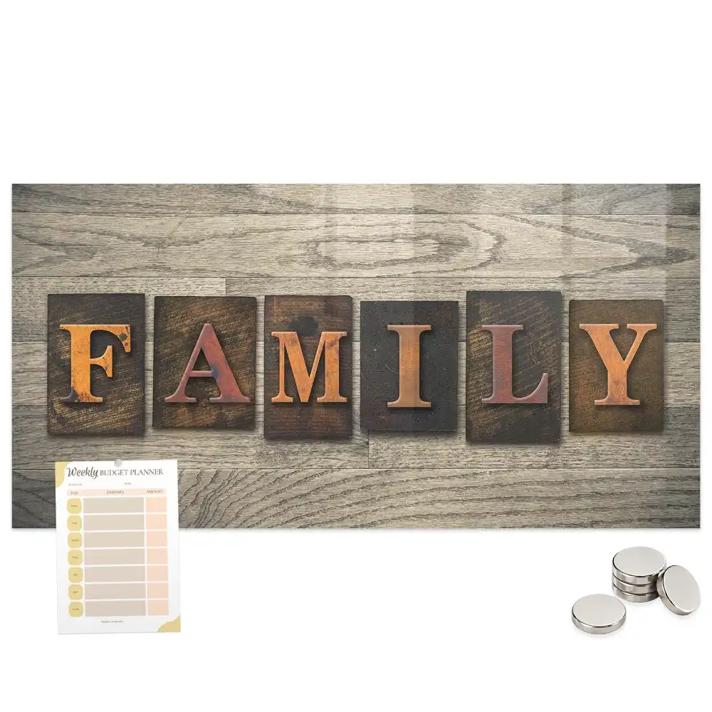 Tablă magnetică din sticlă cu inscripția Family