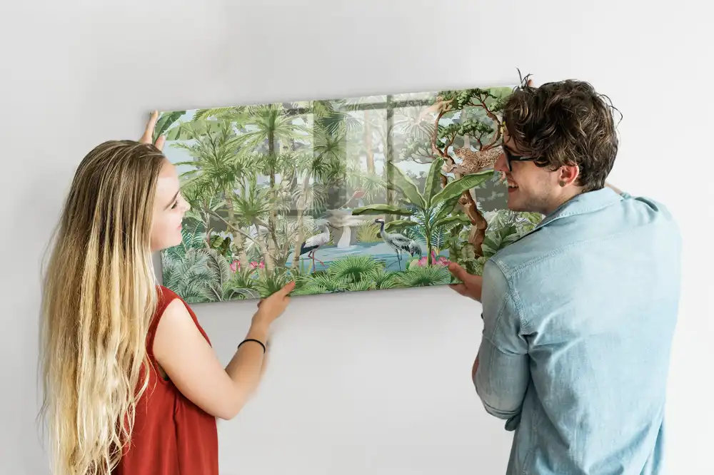 Tablă magnetică din sticlă cu design junglă tropicală