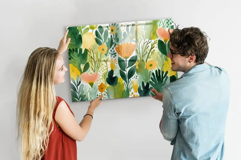 Tablă magnetică din sticlă cu model floral pictat în acuarelă