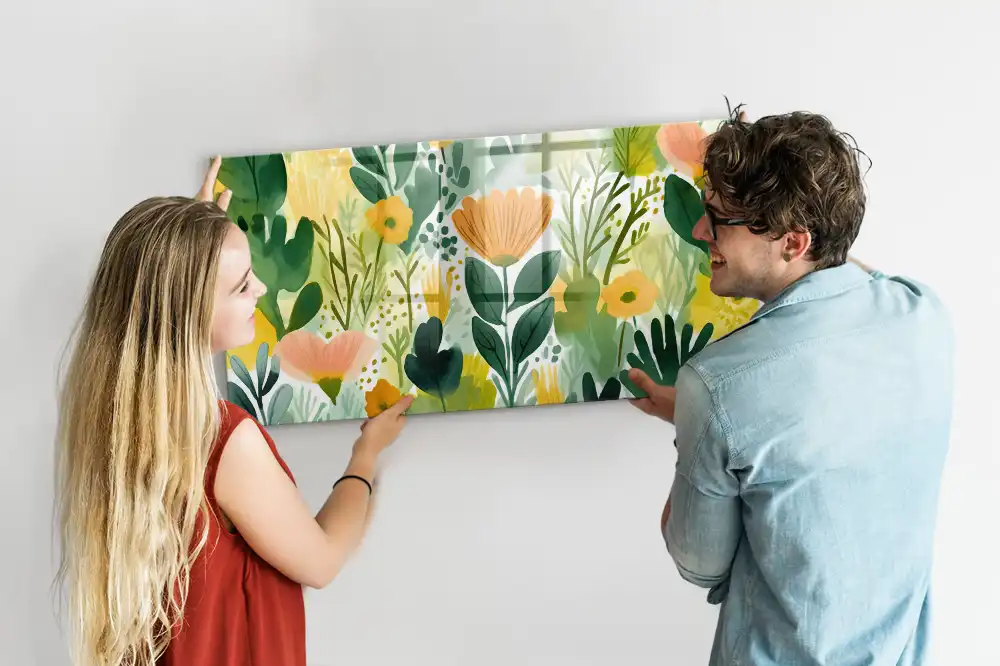 Tablă magnetică din sticlă cu model floral pictat în acuarelă