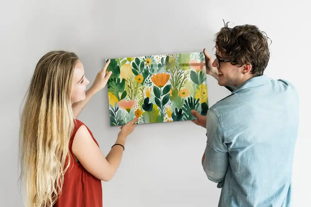 Tablă magnetică din sticlă cu model floral pictat în acuarelă