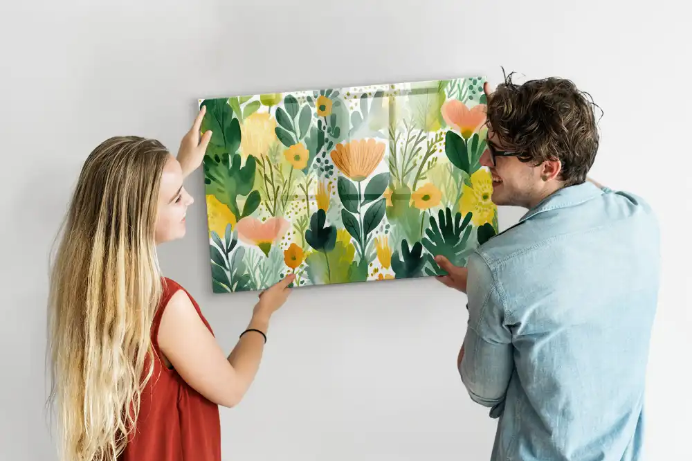 Tablă magnetică din sticlă cu model floral pictat în acuarelă