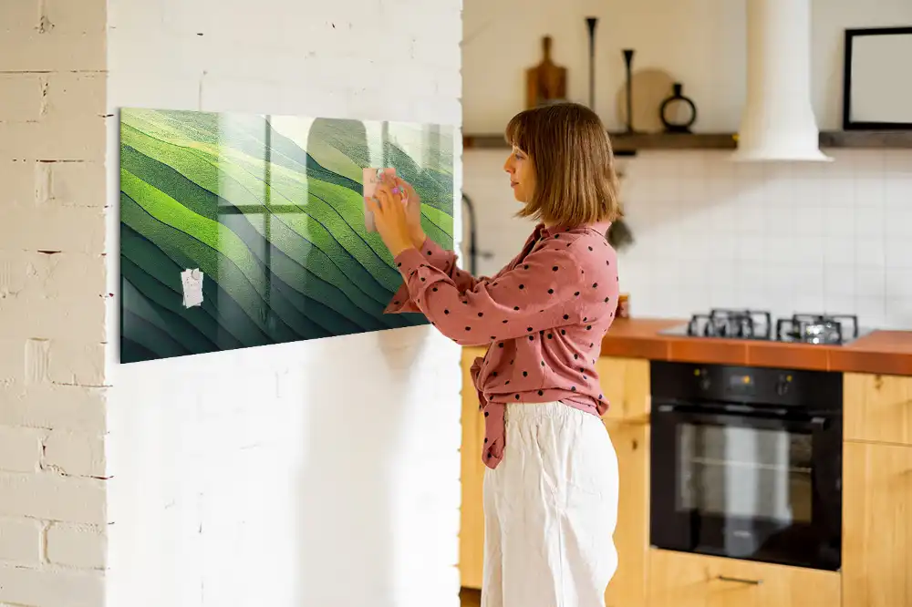 Tablă magnetică cu model abstract reprezentând câmpuri verzi