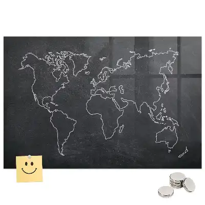 Tablă magnetică din sticlă cu conturul hărții lumii