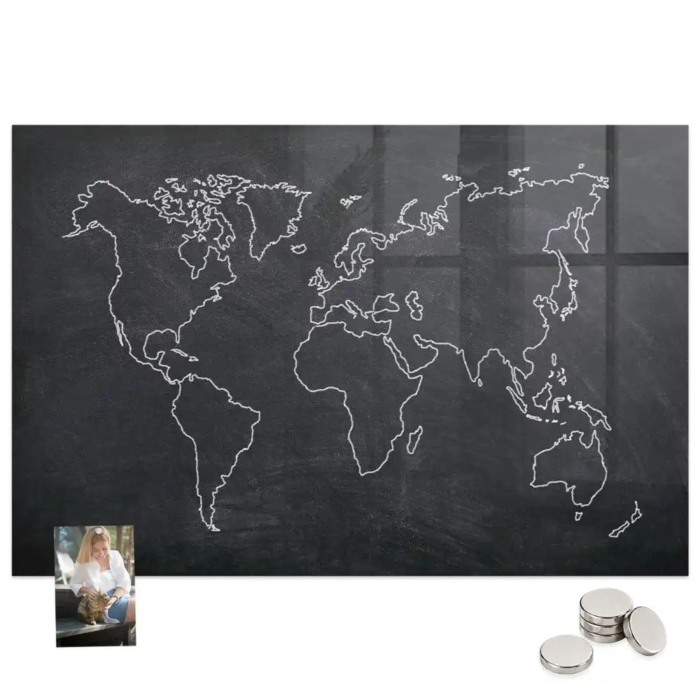 Tablă magnetică din sticlă cu conturul hărții lumii