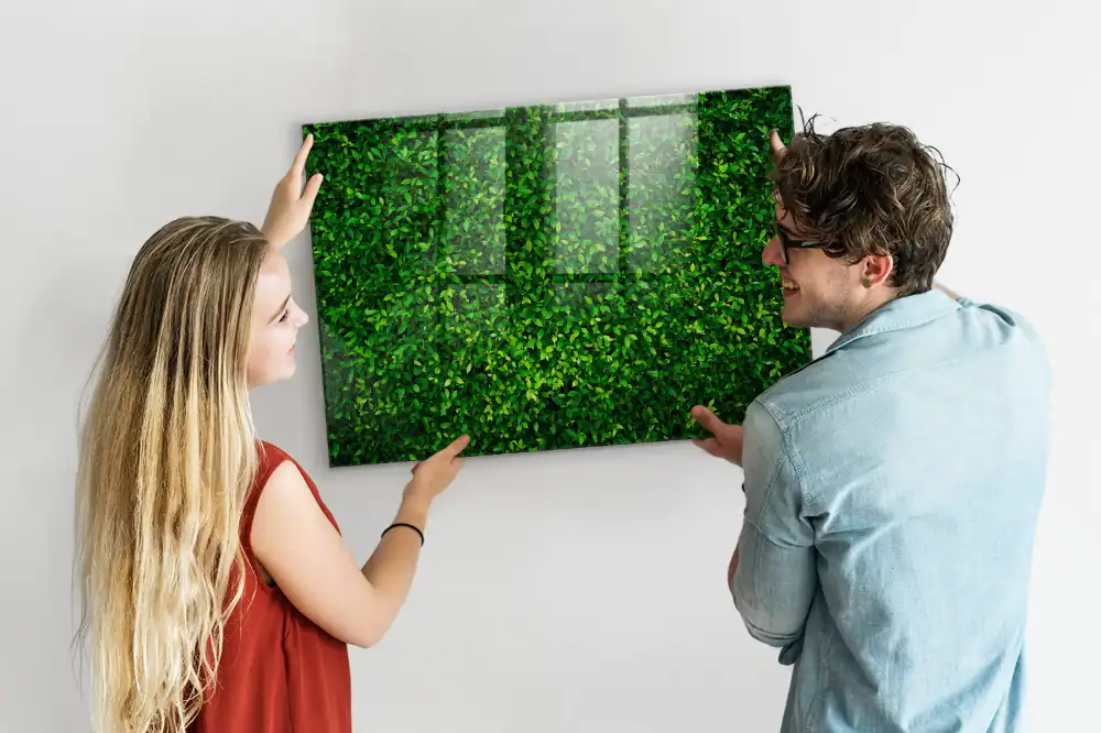 Tablă magnetică din sticlă cu design de gard viu din frunze