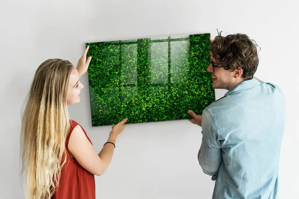Tablă magnetică din sticlă cu design de gard viu din frunze